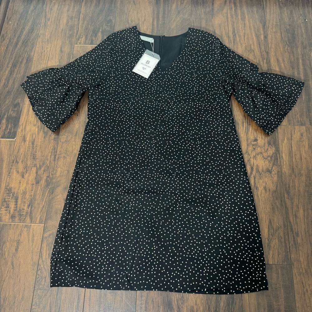 Black Polka Dot Bell Sleeve V-Neck Above-the-Knee Dress